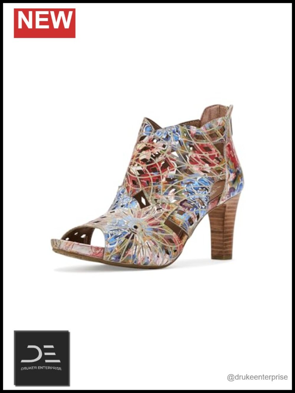 L'Artiste Hand-Painted Leather Heeled Sandals with Floral Cutouts, Block Heel,
